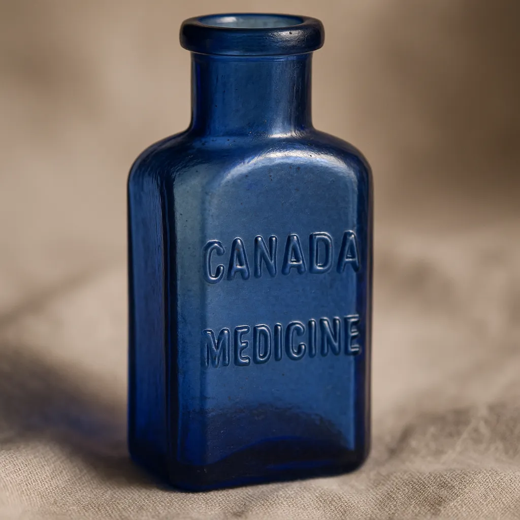 Close-up of an antique cobalt blue Canadian medicine bottle with embossed lettering