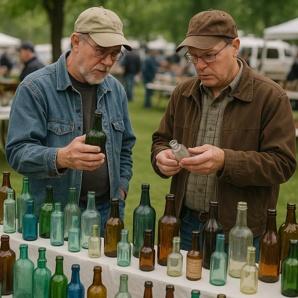 Collectors examining antique bottles at an outdoor antique market
