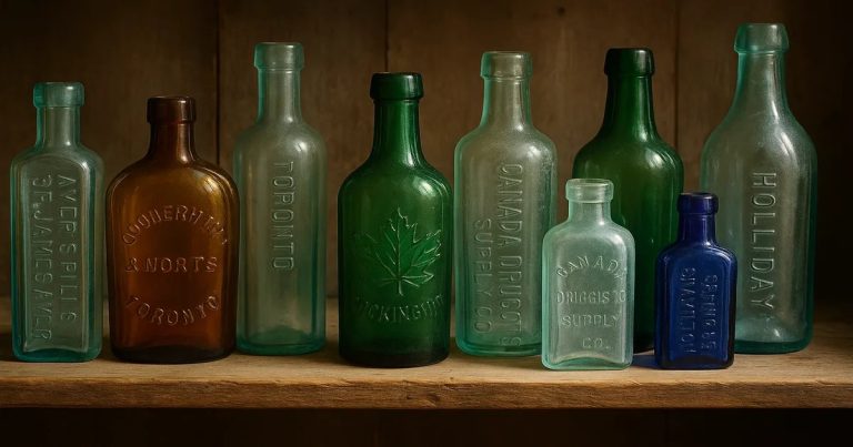 A curated collection of antique Canadian glass bottles from the 1800s